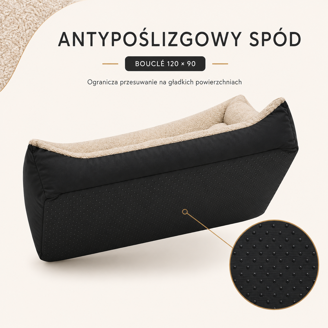 Antypoślizgowy spód legowiska dla psa Boucle
