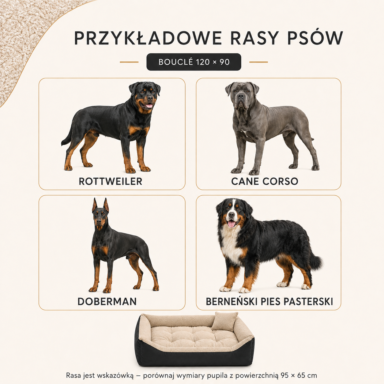 Przykładowe rasy psów do legowiska Boucle 120x90