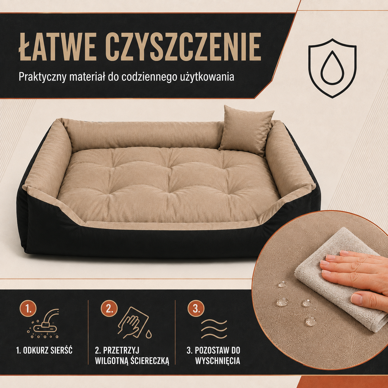 Łatwe czyszczenie beżowego legowiska Pasadena