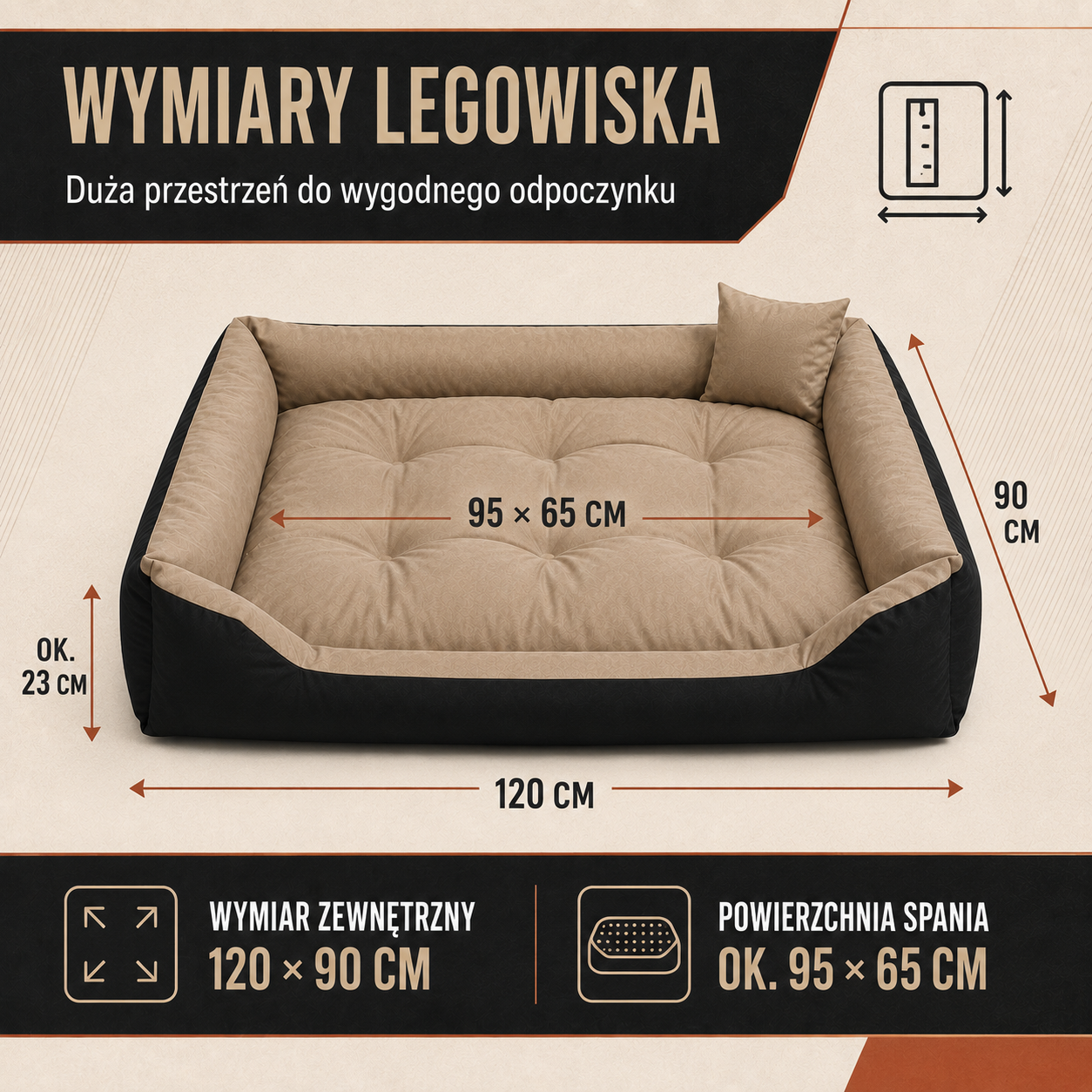 Wymiary beżowego legowiska Pasadena 120x90