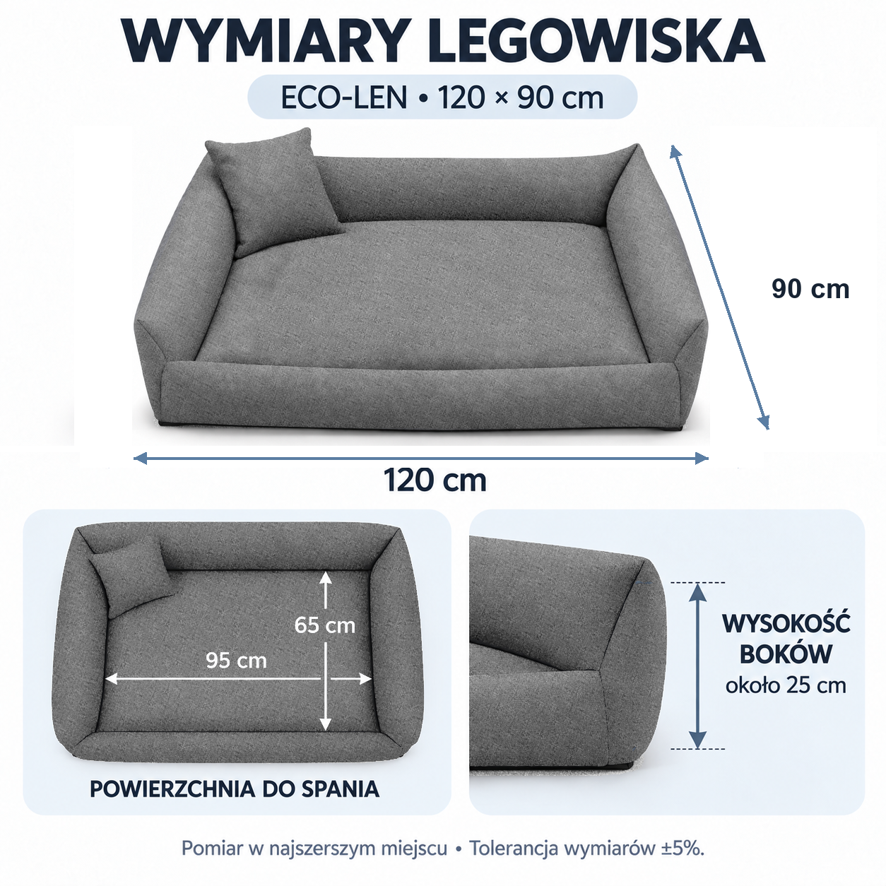 Wymiary legowiska ECO-LEN 120x90, powierzchnia do spania 95x65 cm