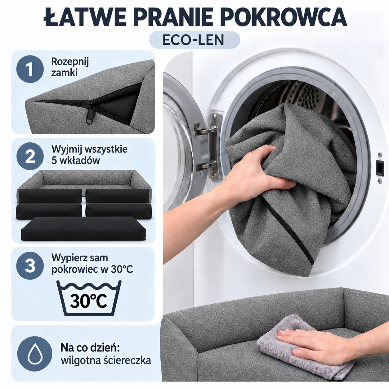 Łatwe pranie pokrowca legowiska ECO-LEN 120x90