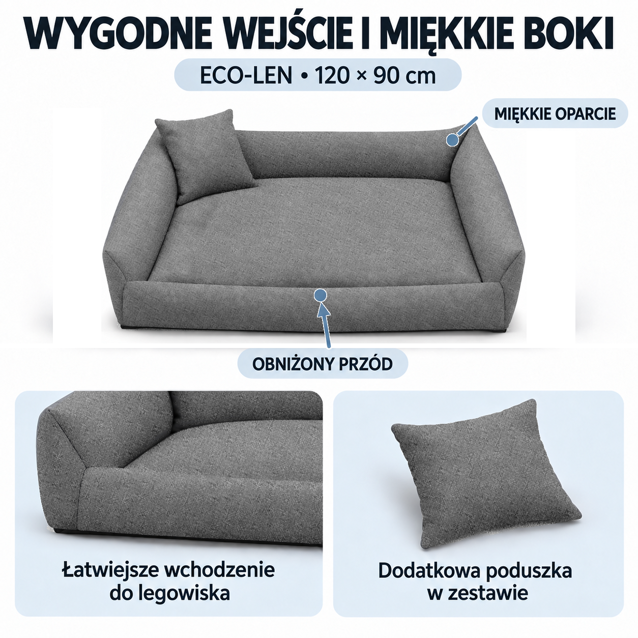 Obniżony przód i miękkie boki legowiska ECO-LEN 120x90