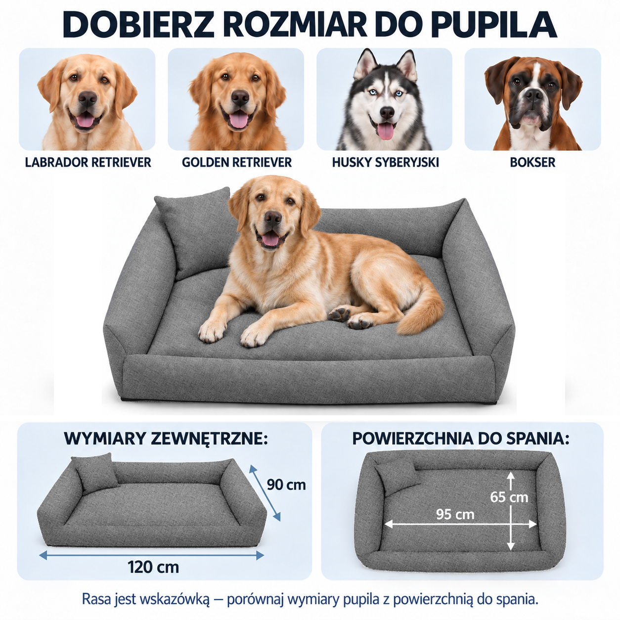 Labrador Retriever, Golden Retriever, Husky Syberyjski i Bokser - przykładowe rasy do legowiska ECO-LEN 120x90