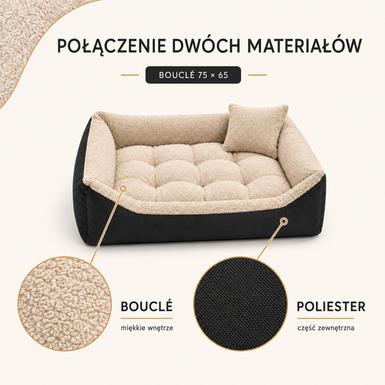 Połączenie tkaniny Boucle i poliestru w legowisku