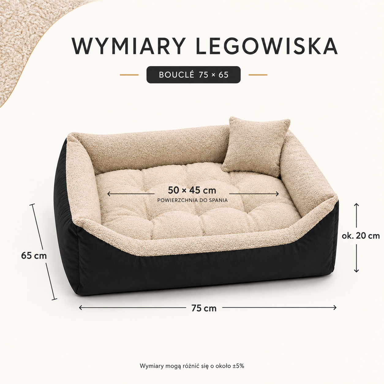 Wymiary legowiska Boucle 75x65 cm, powierzchnia do spania 50x45 cm