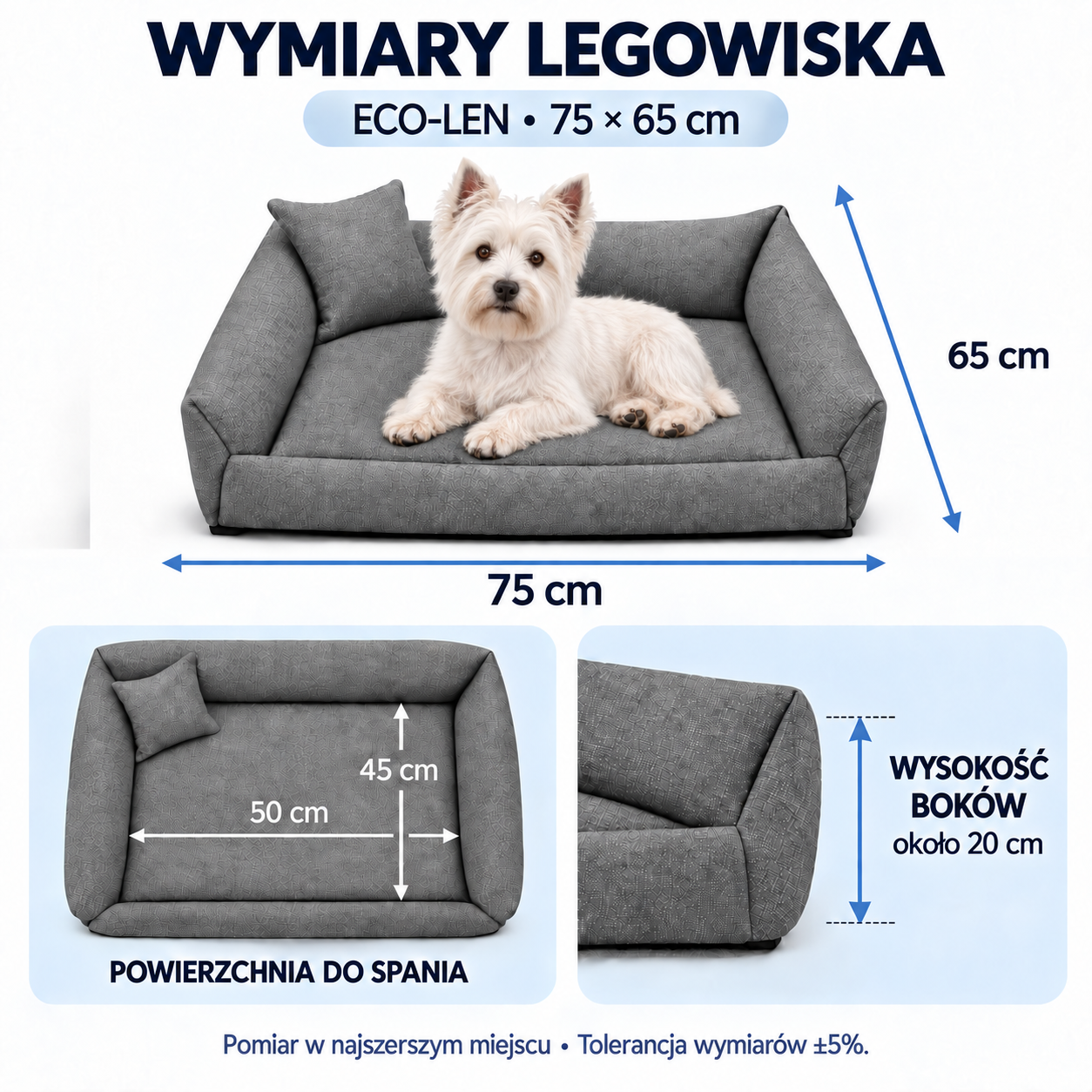 Wymiary legowiska ECO-LEN 75x65, powierzchnia do spania 50x45 cm