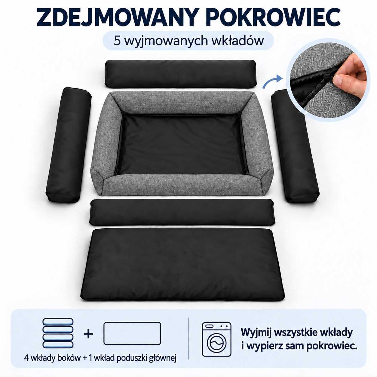 Zdejmowany pokrowiec i 5 wyjmowanych wkładów legowiska ECO-LEN 75x65