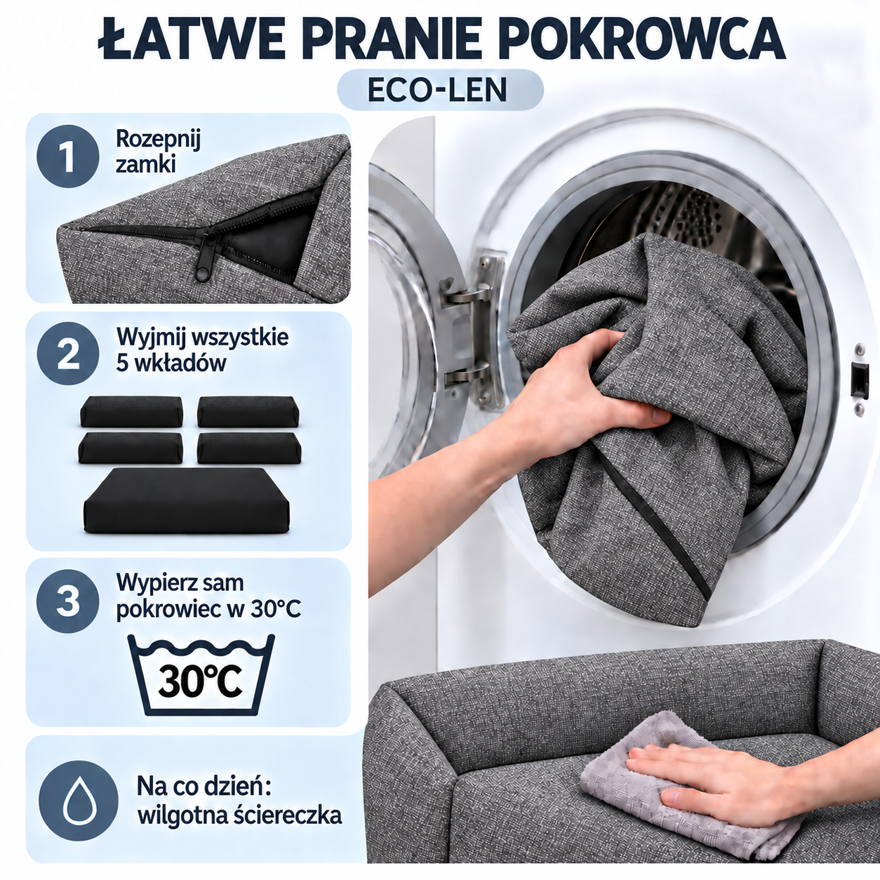 Łatwe pranie pokrowca legowiska ECO-LEN 75x65