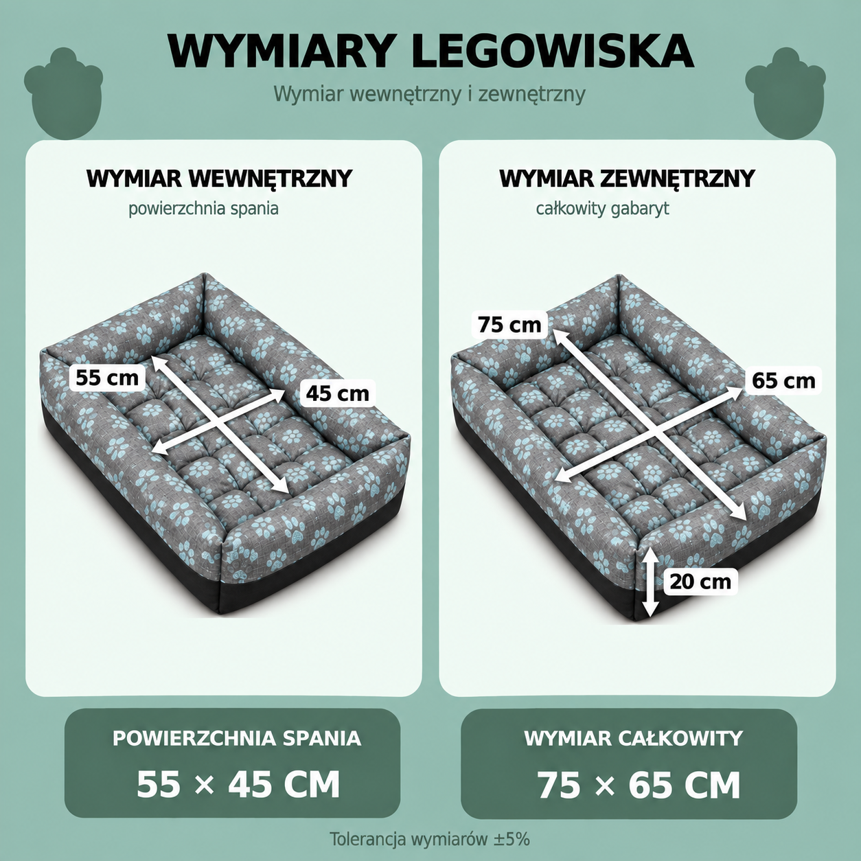 Wymiary legowiska 75x65, powierzchnia do spania 55x45 cm