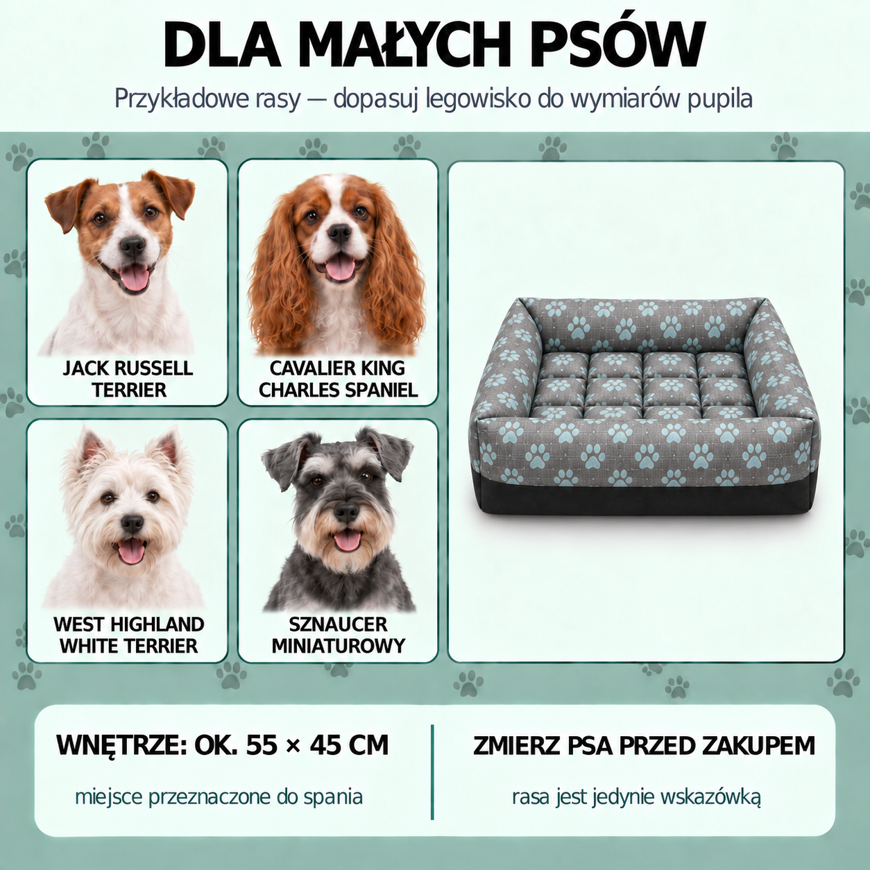 Jack Russell Terrier, Cavalier King Charles Spaniel, West Highland White Terrier i Sznaucer Miniaturowy - przykładowe rasy do legowiska 75x65