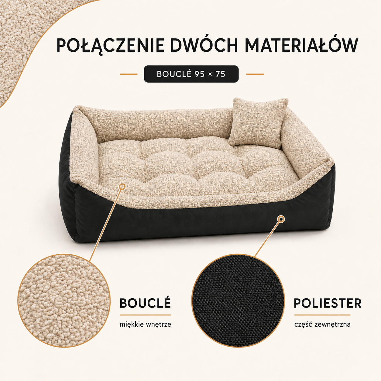 Połączenie tkaniny Boucle i poliestru w legowisku