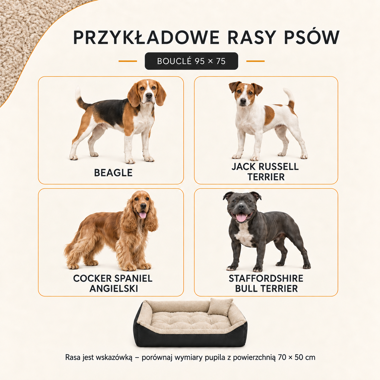 Beagle, Jack Russell Terrier, Cocker Spaniel Angielski i Staffordshire Bull Terrier - przykładowe rasy do legowiska Boucle 95x75