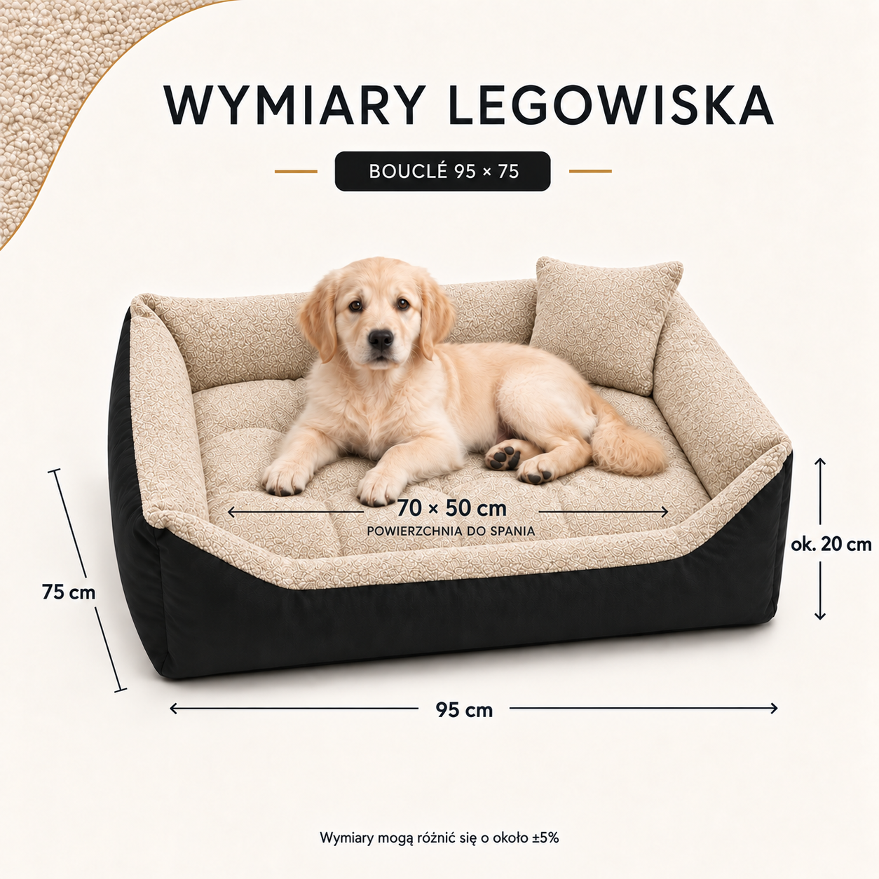 Wymiary legowiska Boucle 95x75 cm, powierzchnia do spania 70x50 cm