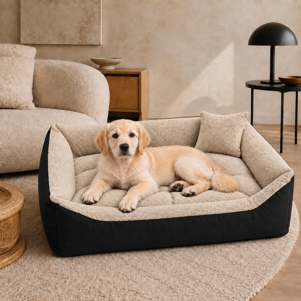 Beżowe legowisko Boucle 95x75 w aranżacji