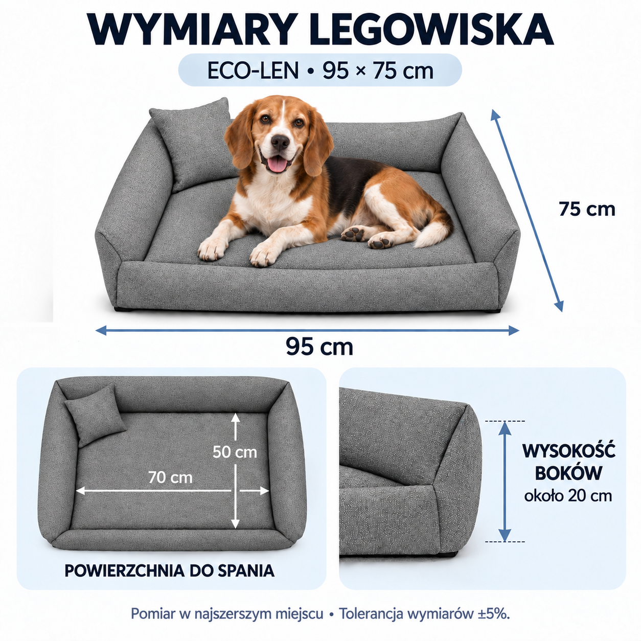 Wymiary legowiska ECO-LEN 95x75, powierzchnia do spania 70x50 cm