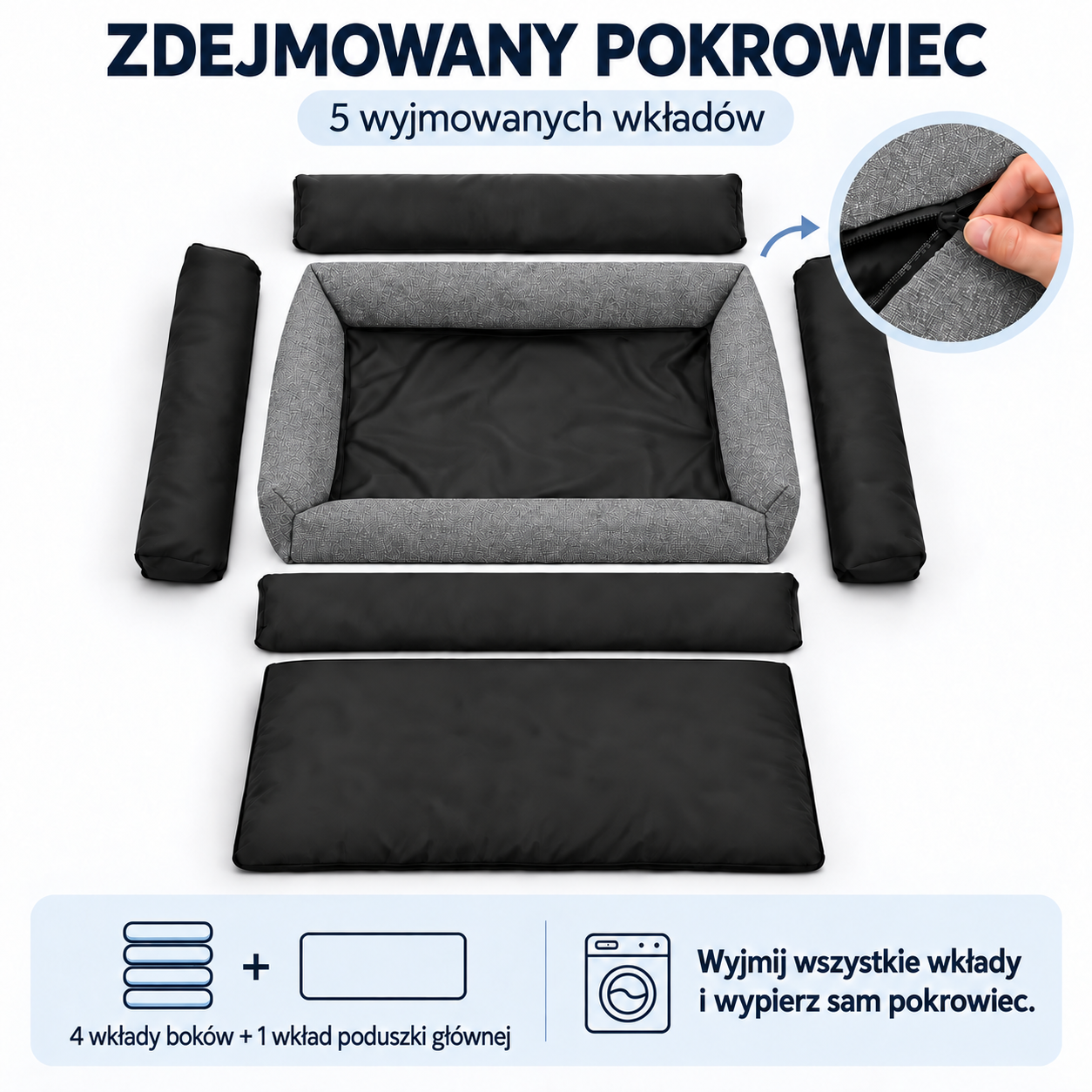 Zdejmowany pokrowiec i 5 wyjmowanych wkładów legowiska ECO-LEN 95x75