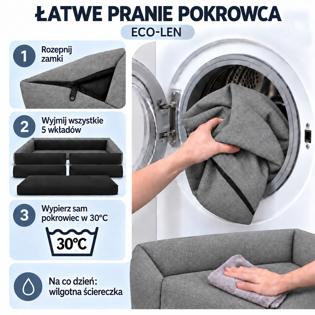 Łatwe pranie pokrowca legowiska ECO-LEN 95x75