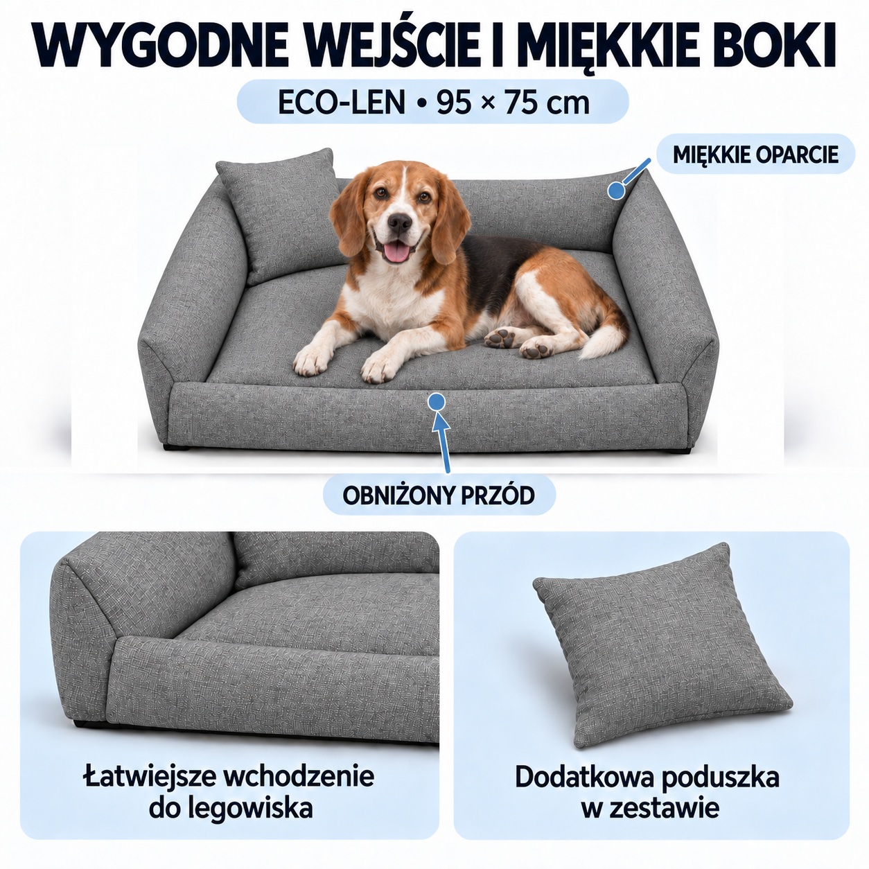Obniżony przód i miękkie boki legowiska ECO-LEN 95x75