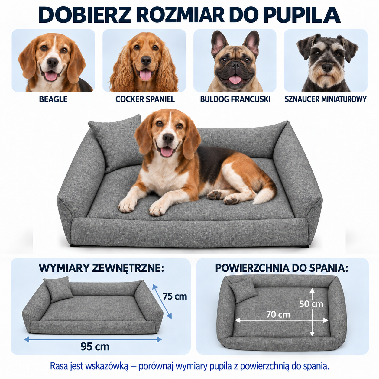Beagle, Cocker Spaniel, Buldog Francuski i Sznaucer Miniaturowy - przykładowe rasy do legowiska ECO-LEN 95x75