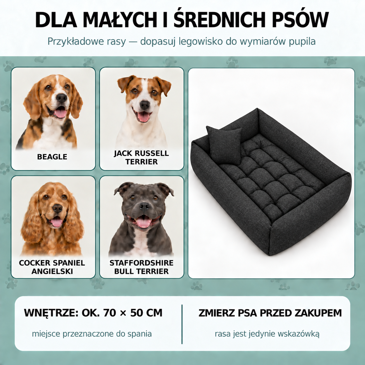 Beagle, Jack Russell Terrier, Cocker Spaniel Angielski i Staffordshire Bull Terrier - przykładowe rasy do legowiska 95x75