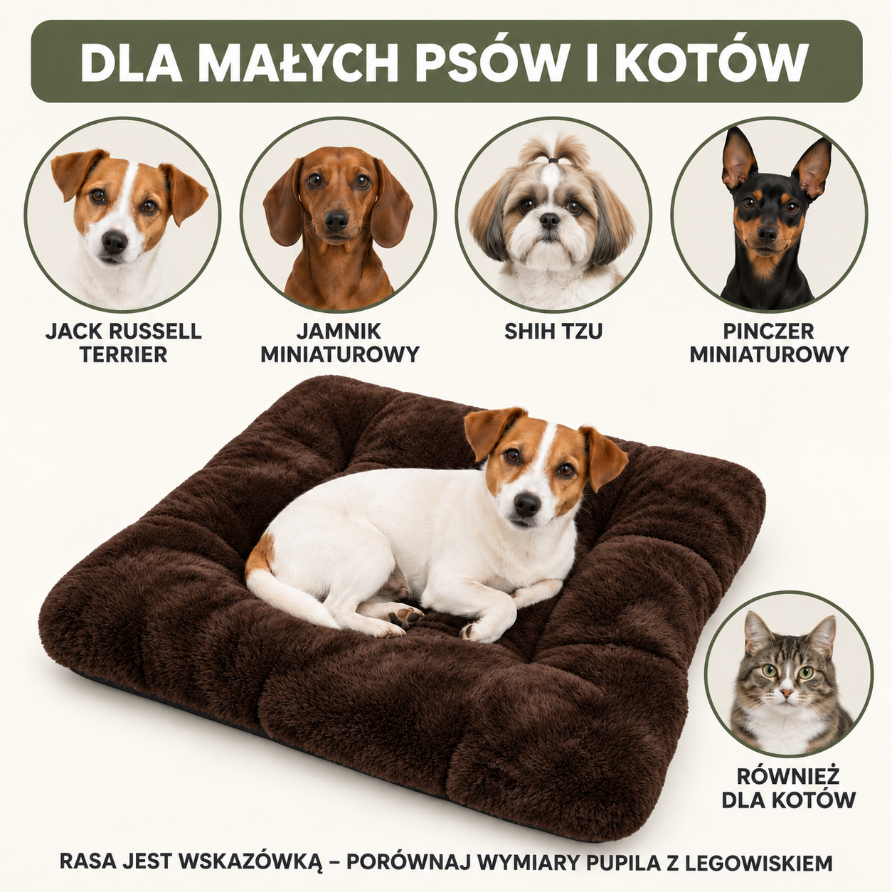 Jack Russell Terrier, jamnik miniaturowy, Shih Tzu i pinczer miniaturowy przy legowisku Rabbit 70x55