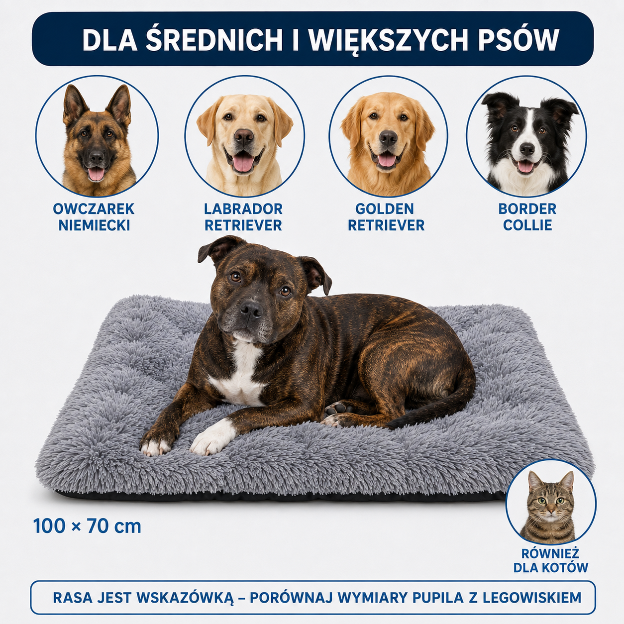 Przykładowe rasy psów do legowiska Shaggy 100x70