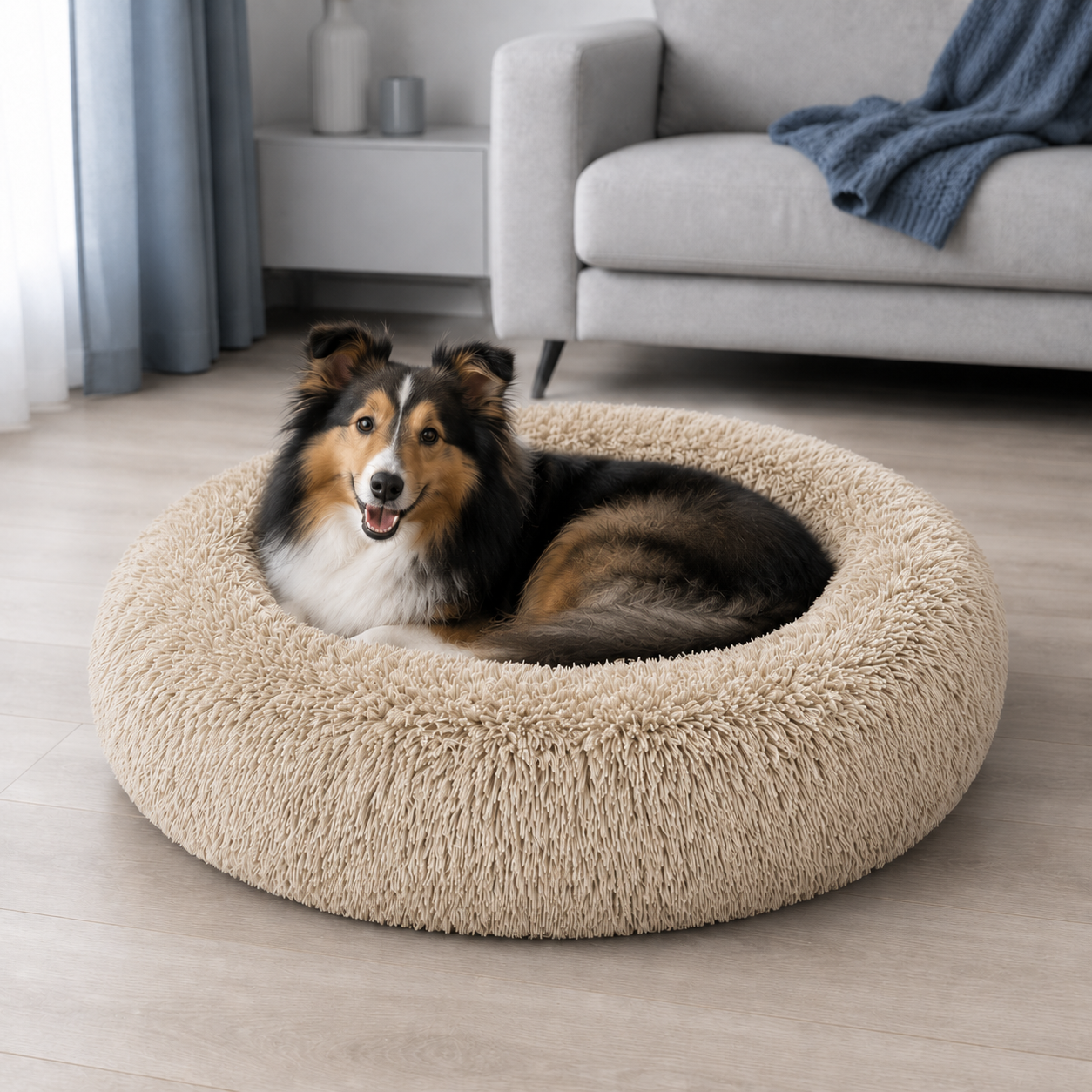 Beżowe legowisko Shaggy 80 cm dla psa i kota