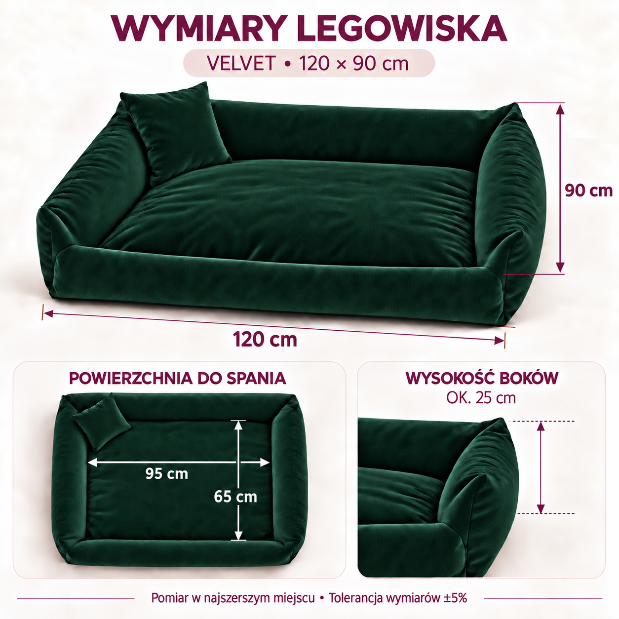 Wymiary legowiska Velvet 120x90 cm