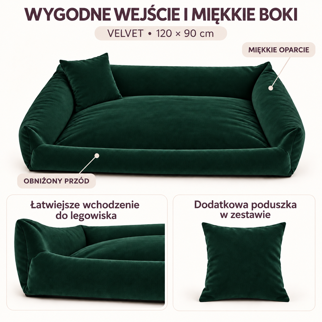 Obniżony przód legowiska Velvet 120x90