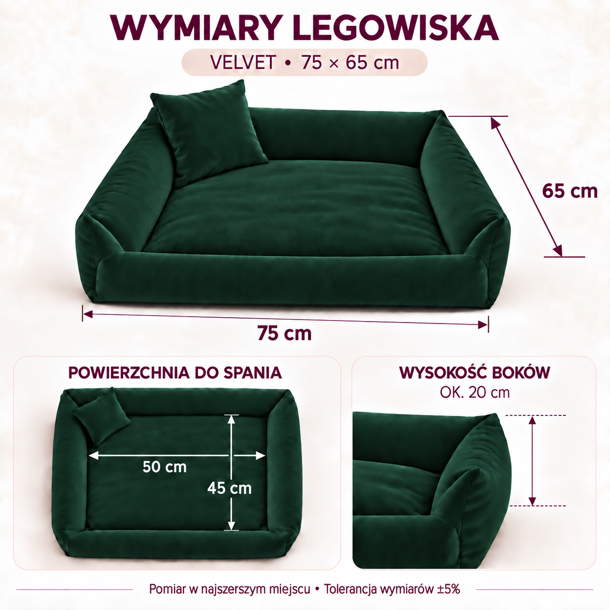 Wymiary legowiska Velvet 75x65 cm, powierzchnia do spania 50x45 cm