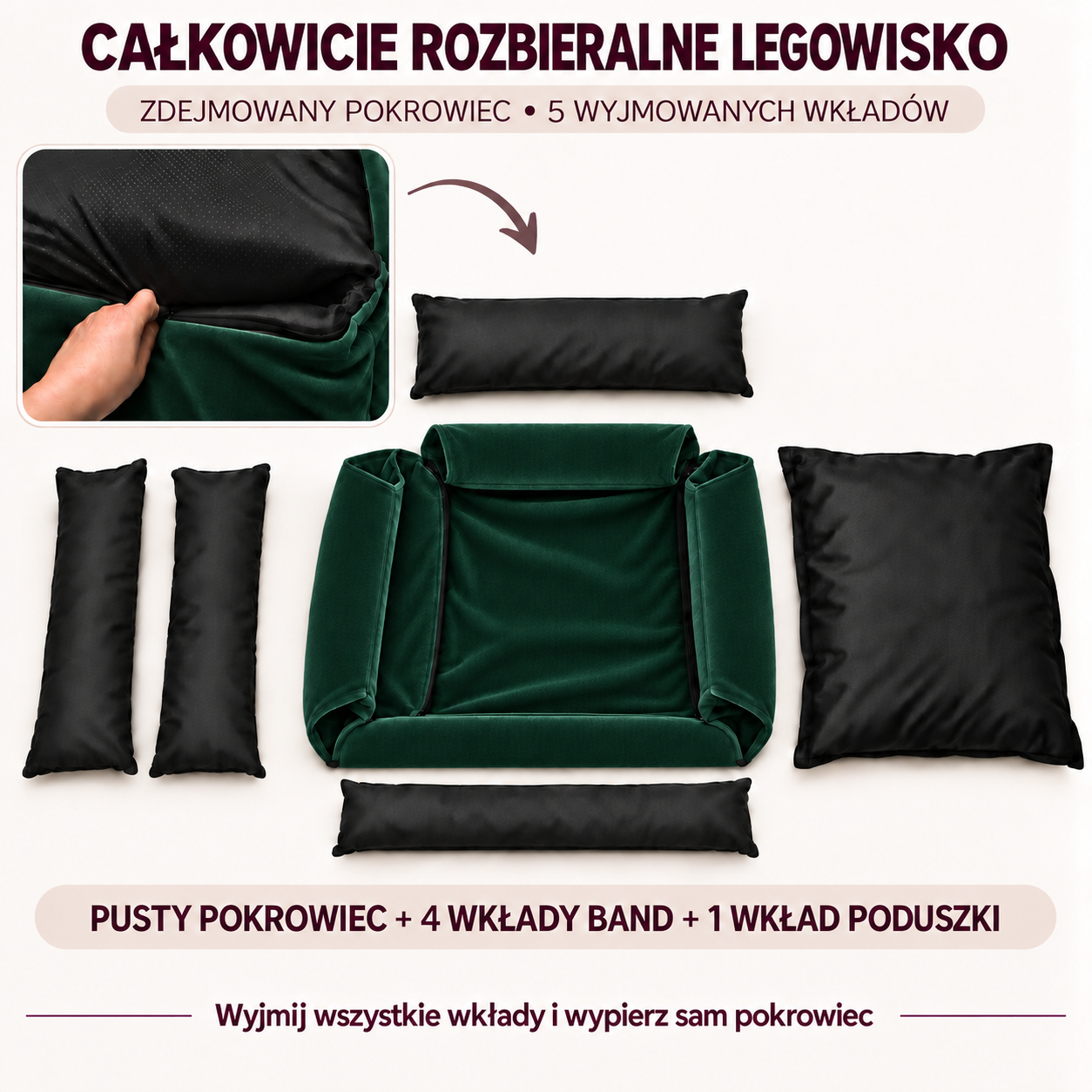 Rozbieralne legowisko Velvet 75x65 z 5 wyjmowanymi wkładami