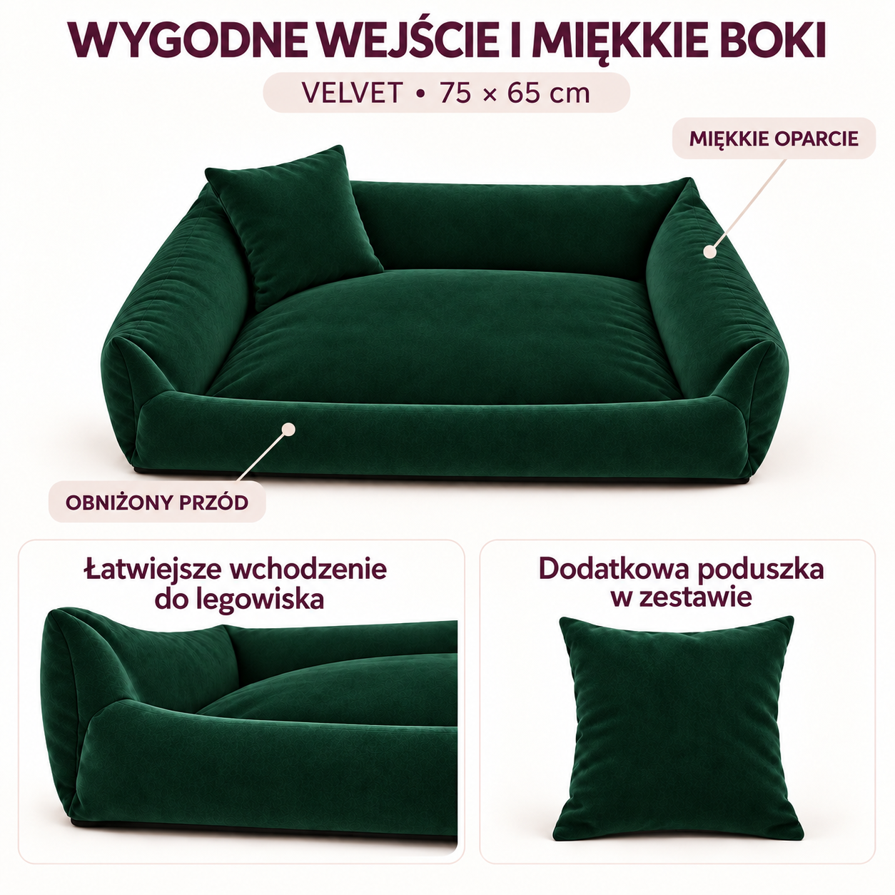 Obniżony przód legowiska Velvet 75x65