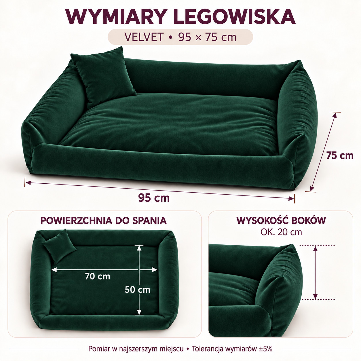 Wymiary legowiska Velvet 95x75 cm, powierzchnia do spania 70x50 cm