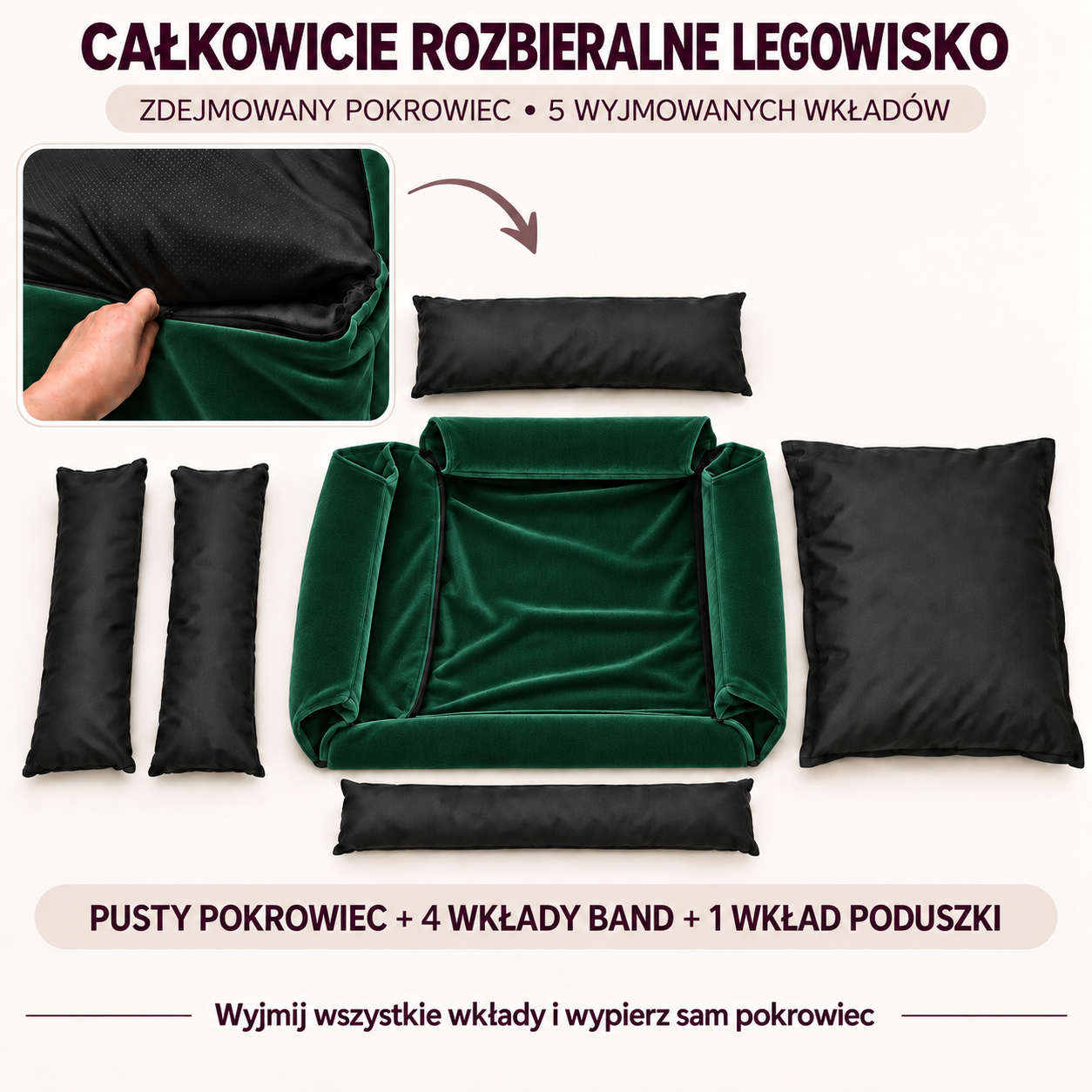 Rozbieralne legowisko Velvet z 5 wyjmowanymi wkładami