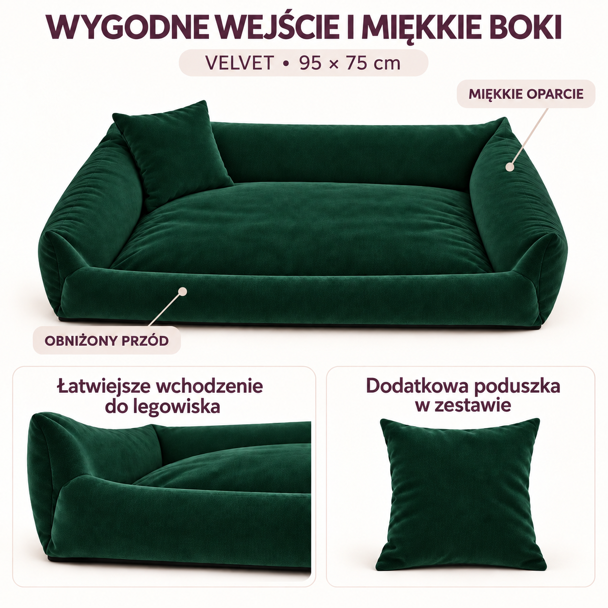 Obniżony przód legowiska Velvet 95x75