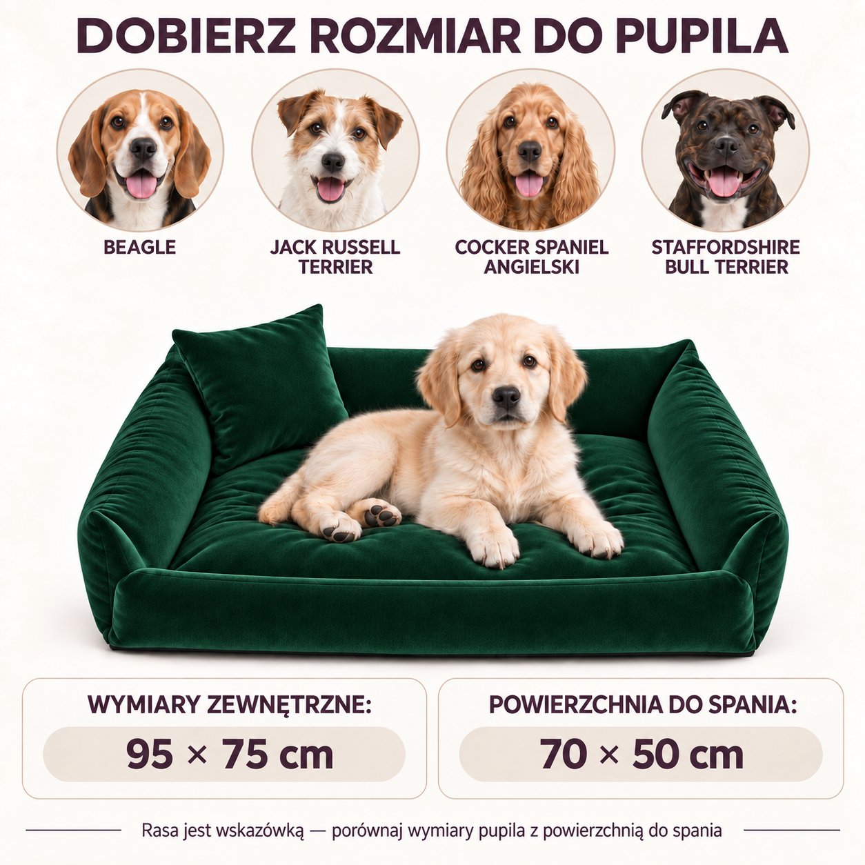 Beagle, Jack Russell Terrier, Cocker Spaniel Angielski i Staffordshire Bull Terrier - przykładowe rasy do legowiska Velvet 95x75
